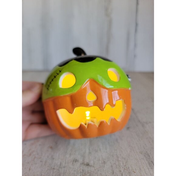 Light up AS IS Frankenstein pumpkin ceramic Halloween home decor figure - Picture 3 of 11